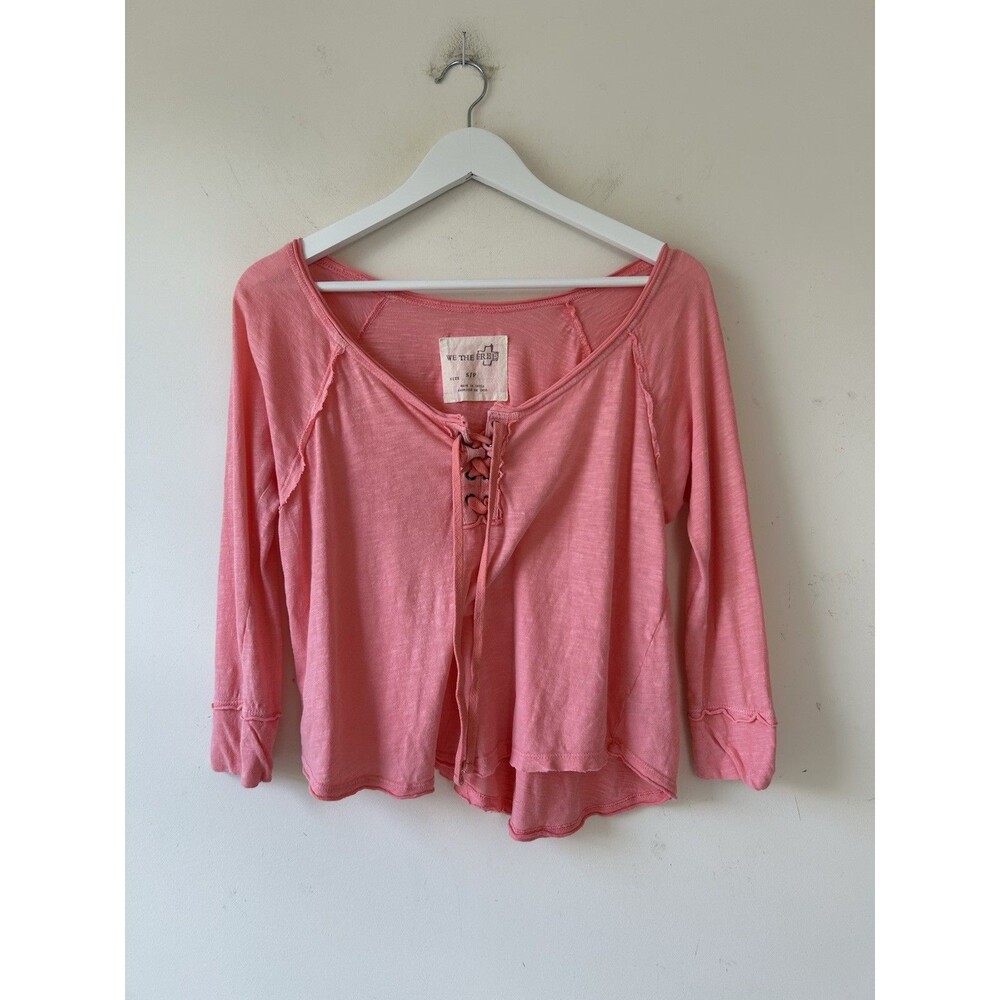 We The Free Free People Pink Lace Up V-Neck Long Sleeve Slub Cotton Top Sz S